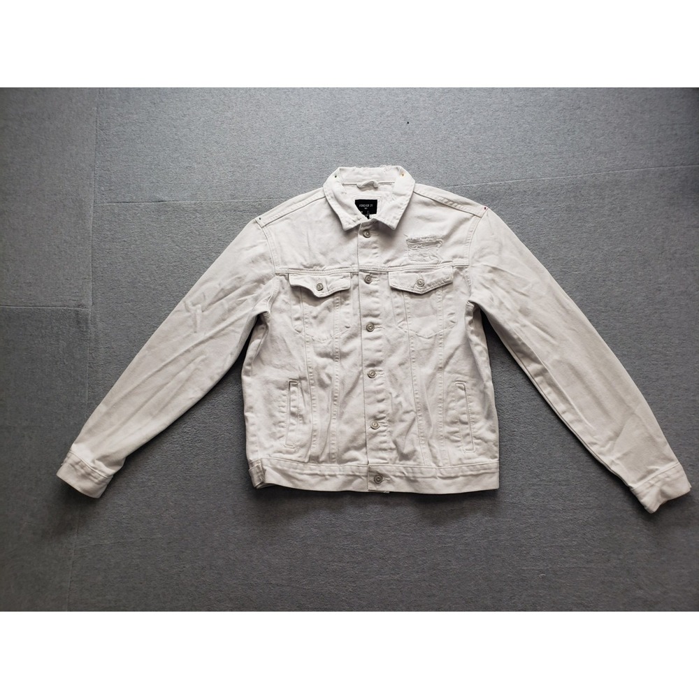 Forever 21 Men Jacket L White Denim Button Up Long Sleeve Pockets Collar Casual